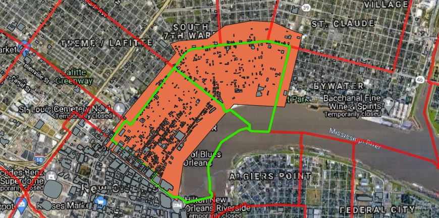 Area of Interest shown in orange, Zillow Neighborhoods shown in red outlines, with green indicating the French Quarter and Marigny neighborhoods.